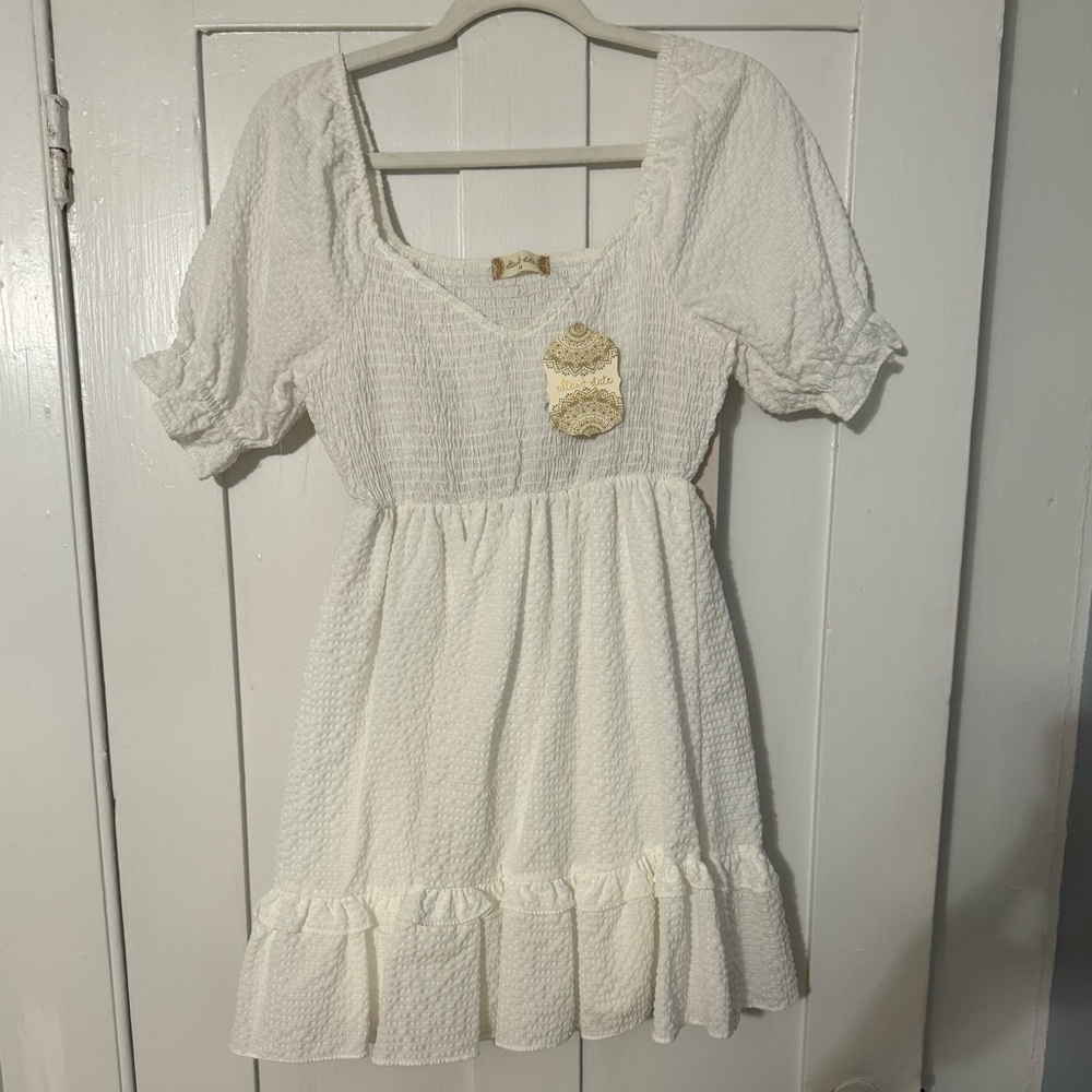 Altar'd State White Ruffled Puff Sleeve Mini Sundress